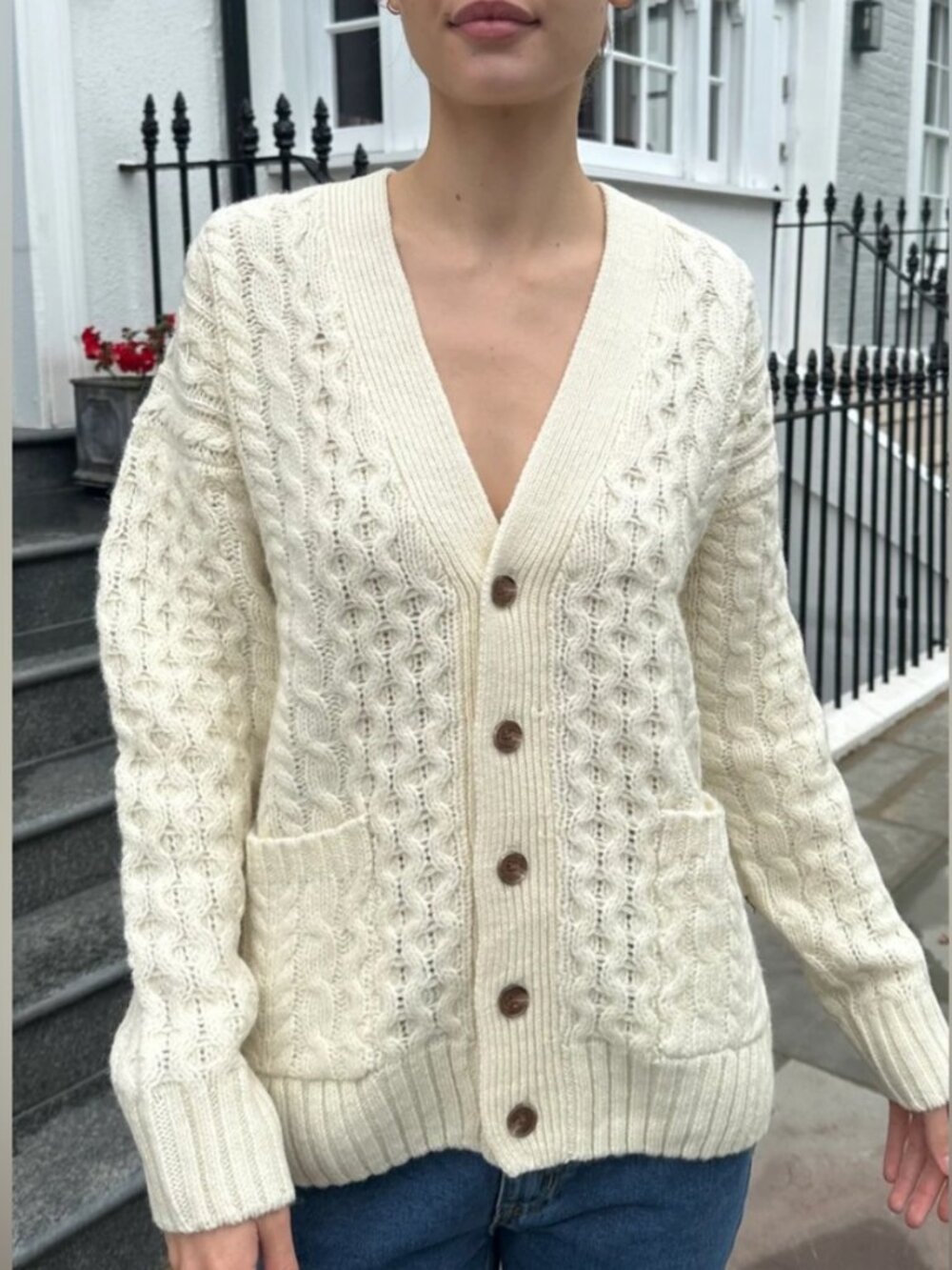 Brandy Melville Eva Heavy Wool Cable Knit Cardigan in Cream